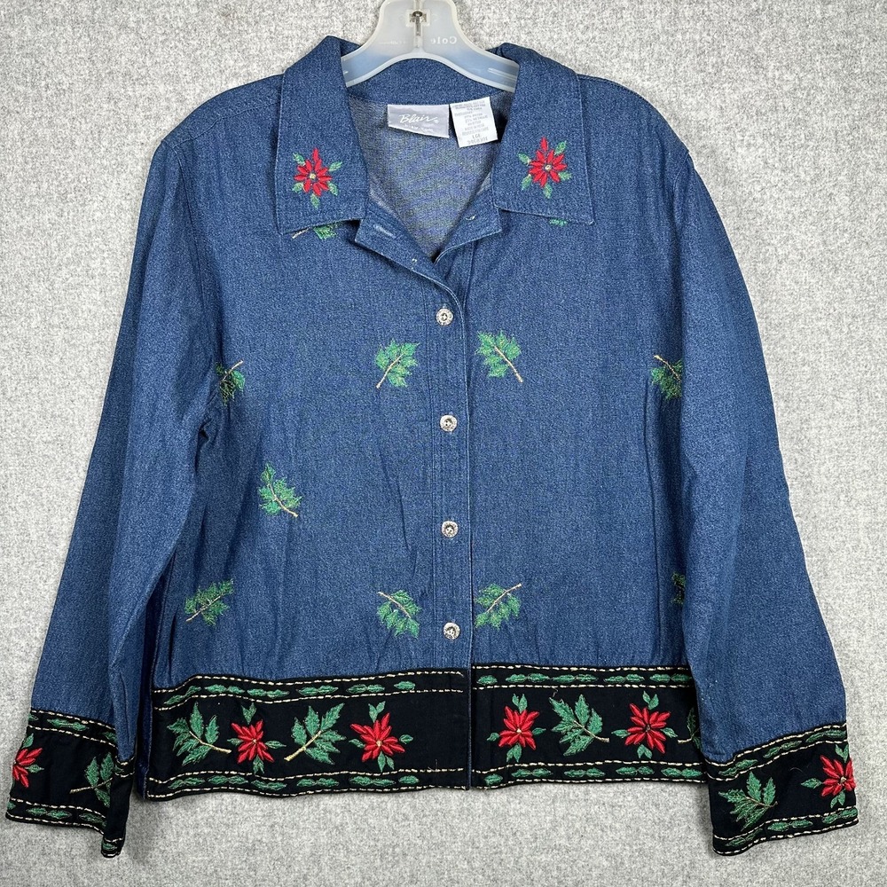 Women's Blair Denim Button Down Shirt‎ Large Poinsettia Embroidered Christmas